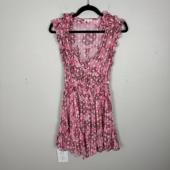 Poupette St Barth Triny Ruffle Mini Dress Pink Printed Floral Womens Size XS
